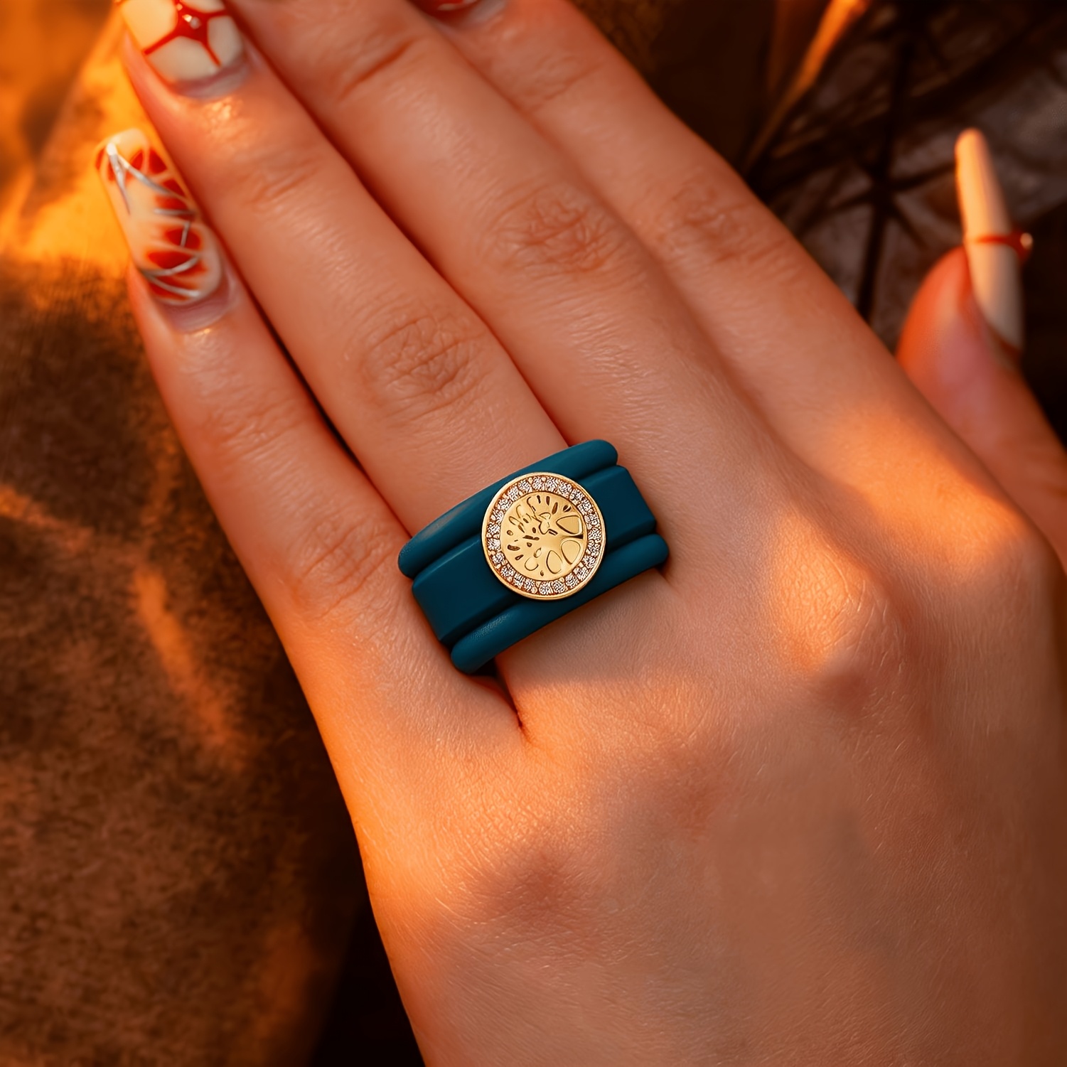 3pcs 14K Gold Plated Blue Silicone Tree Promise Rings